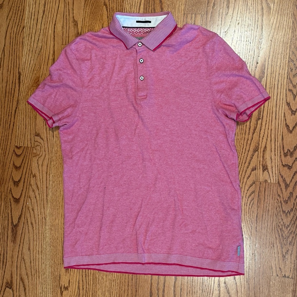 Ted Baker Men’s Geometric Trim Polo Shirt Popoff Poptilo Pink Birdseye Size 4 L